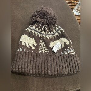 Old Navy Brown Knit Pom Beanie with Cream Bear and Tree Pattern